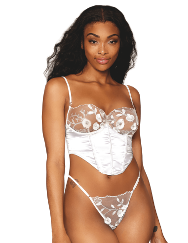 White underwired bustier in satin and floral lace - DG13262WHT