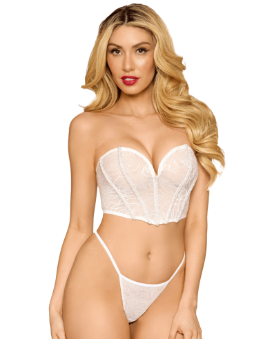 White bustier with pearls and rhinestones, removable transparent straps - DG13669WHT