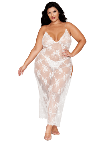 Floral lace long white babydoll with matching thong - DG13667XWHT