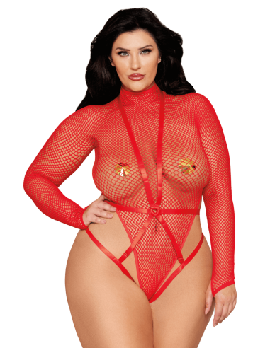 2-delige plus size set, rode visnet bodystring en harnas - DG13680XRED