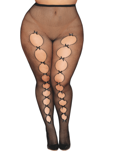 Fancy grote maat zwarte visnet panty met bies op de rug - DG0528XBLK