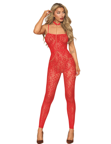 Naadloze bodystocking, rode fantasie met afneembare kettingen - DG0518POI