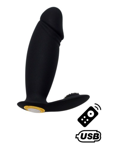 ACHILLE, Mini black USB vibrator, penis shape with clitoral stimulation, with remote control - BQ158BLK