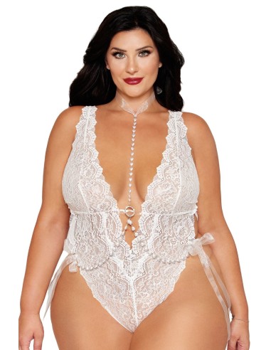 2-piece large set, white lace bodysuit and white pearl body jewelry chains - DG13697XWHT