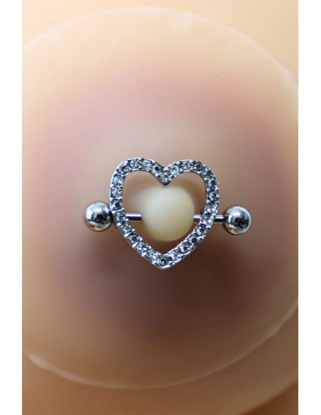 Pair of nipple piercing bar heart faux diamond light skin - XP004C