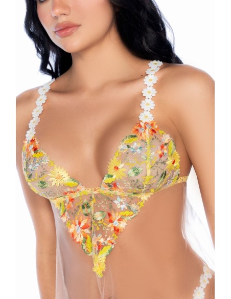 Yellow embroidered sheer nightie and thong - MAL7608SUBS