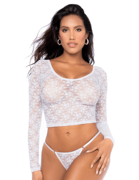 Conjunto 2 piezas encaje blanco, crop top y tanga - MAL8918WHT