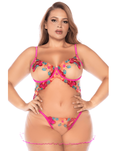 Lencería talla grande en rejilla y encaje floral rosa con tanga a juego - MAL7609XSEGA