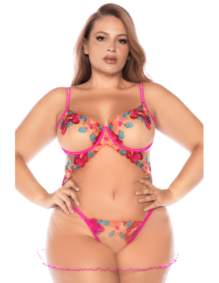 Lencería talla grande en rejilla y encaje floral rosa con tanga a juego - MAL7609XSEGA