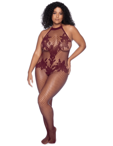 Combinaison grande taille en résille couleur cerise - MAL1116XCHRY