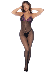 Zwart-paarse jumpsuit van visnet en kant - MAL1122BKPU
