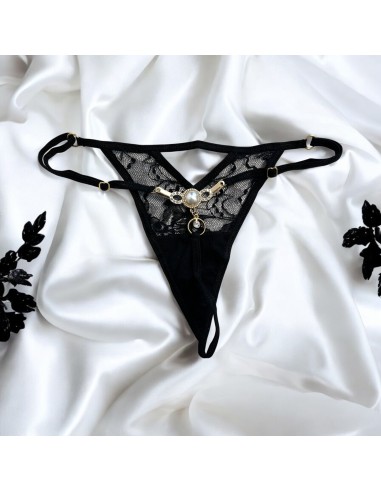Zwarte string met gouden strass-steentjes en parels