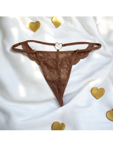 String taupe dentelle avec bijou cœur doré