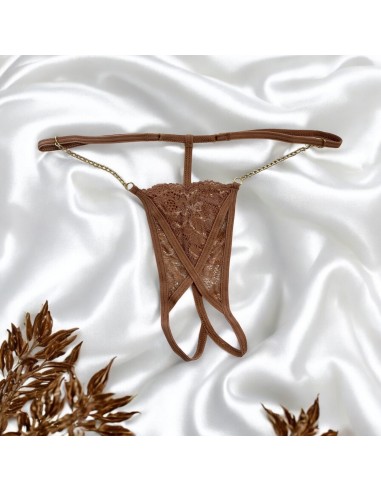 Open taupe kanten string met gouden kettingen