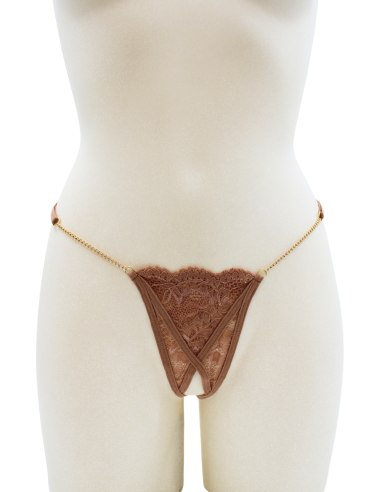 Open taupe kanten string met gouden kettingen