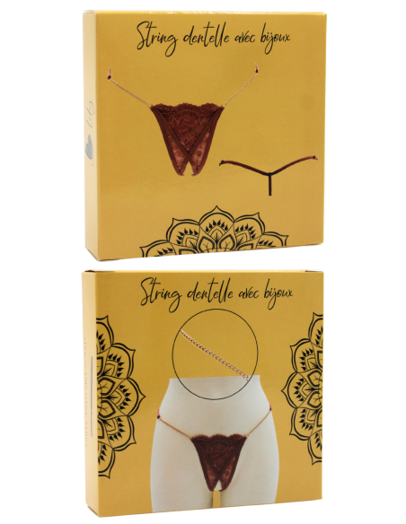 Open taupe kanten string met gouden kettingen