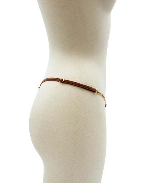 Open taupe kanten string met gouden kettingen