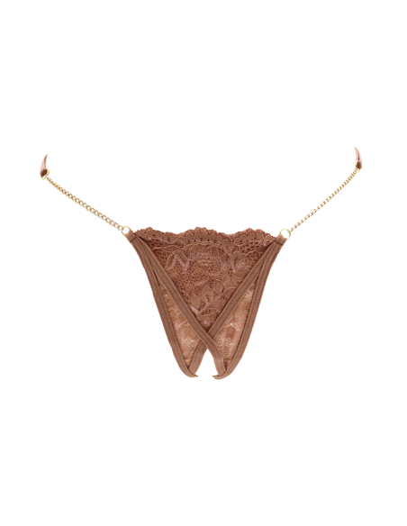 Open taupe kanten string met gouden kettingen