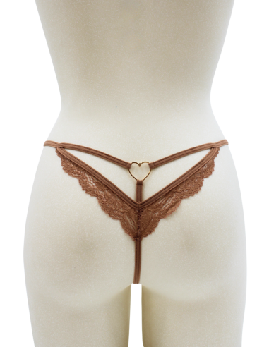 Tanga de encaje topo con joya de corazón dorada