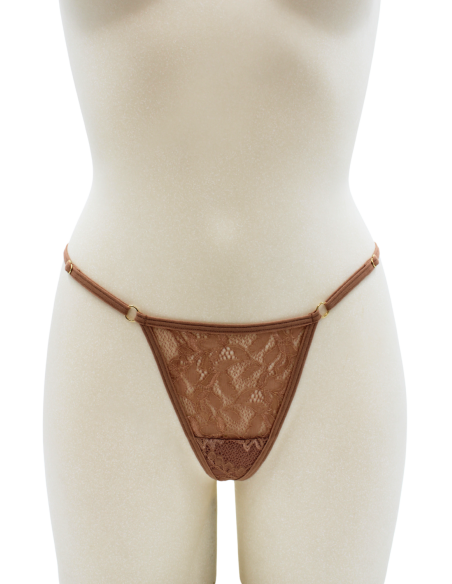 Tanga de encaje topo con joya de corazón dorada