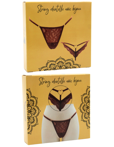 Tanga de encaje topo con joya de corazón dorada