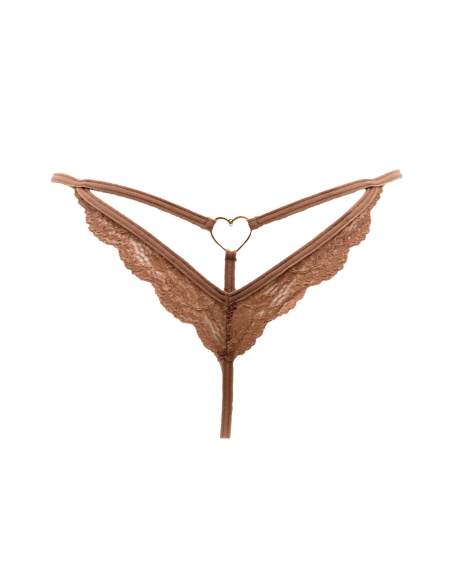 Tanga de encaje topo con joya de corazón dorada