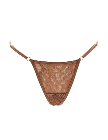 Tanga de encaje topo con joya de corazón dorada